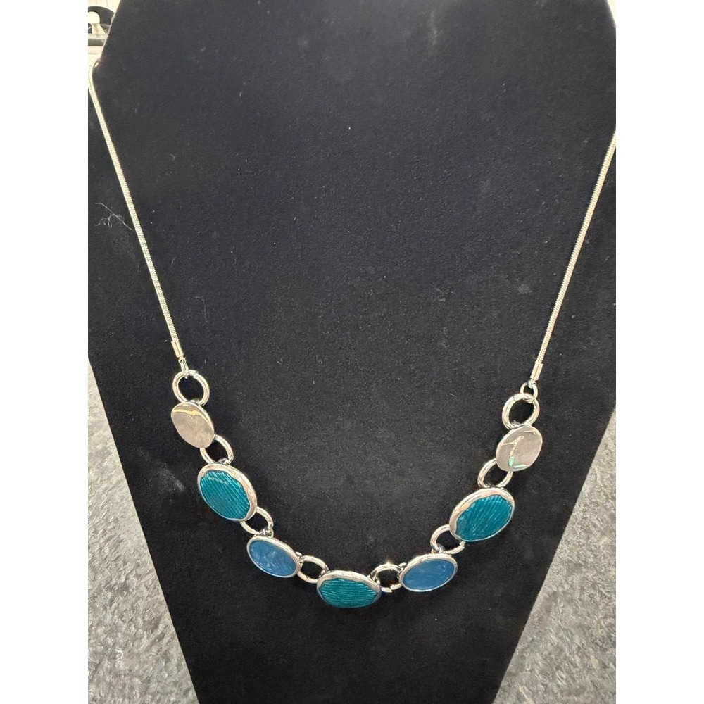 M&Co‎ Silver Tone Blue Enamel Statement Necklace Modern Oval Link Bib Necklace